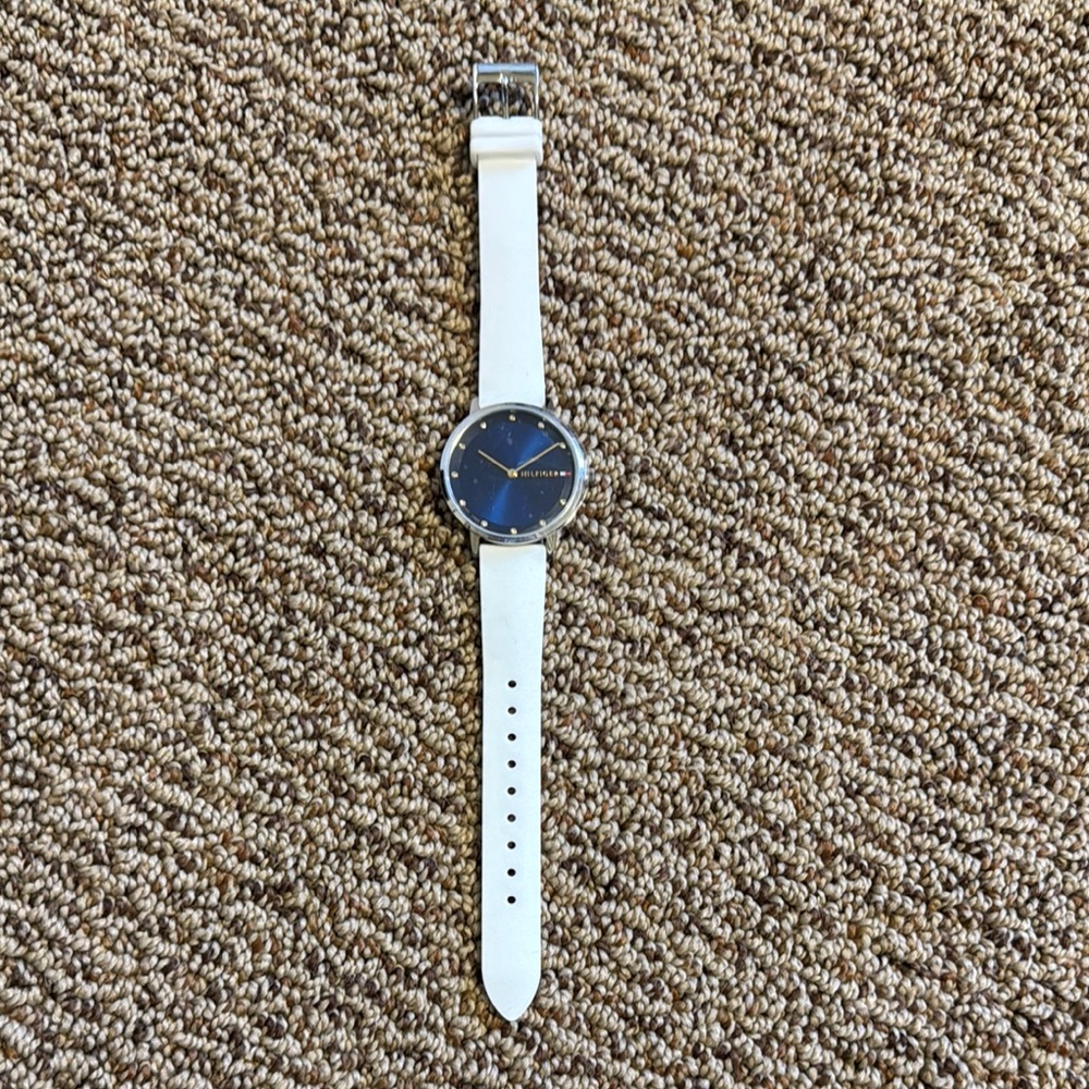White Strap Watch with Blue Dial